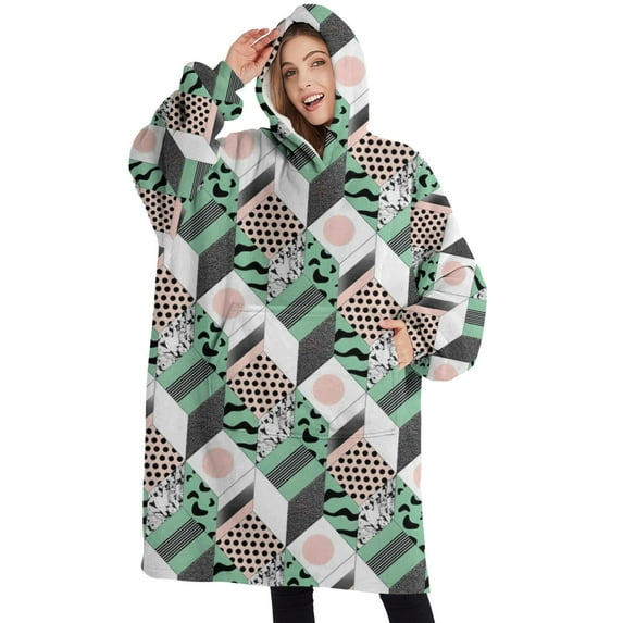 Oversized Wearable Blanket Hoodie,Green Pink Geometric Pattern Sherpa Blanket Hoodie with Super Pockets,Super Warm Fuzzy Pullover for Women & Men