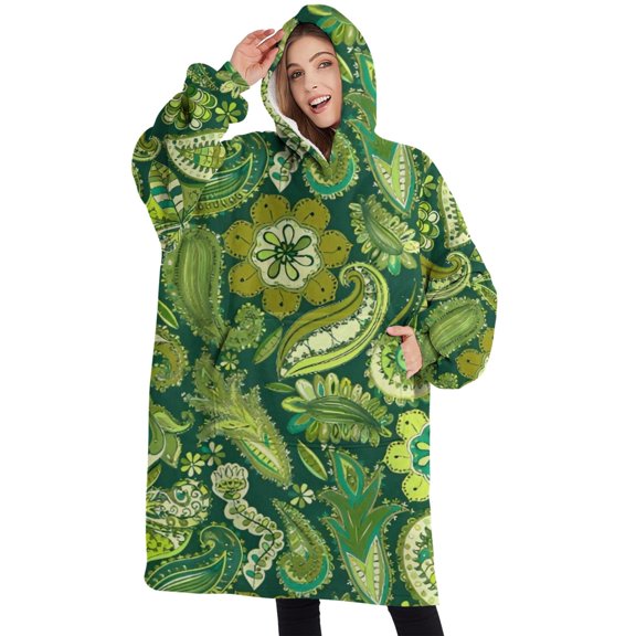 Oversized Wearable Blanket Hoodie,Green Pioneer Flower and Paisley Pattern Sherpa Blanket Hoodie with Super Pockets,Super Warm Fuzzy Pullover for Women & Men