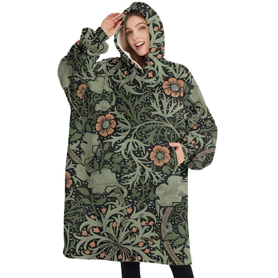 Oversized Wearable Blanket Hoodie,Green Pioneer Flower Pattern Sherpa Blanket Hoodie with Super Pockets,Super Warm Fuzzy Pullover for Women & Men