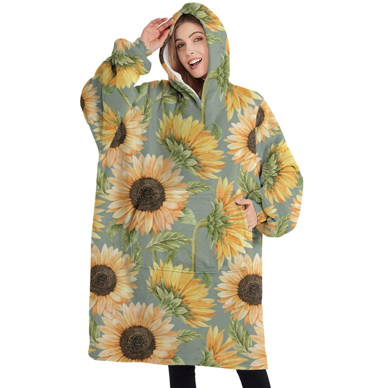 Oversized Wearable Blanket Hoodie,Green Sunflower Pattern Sherpa Blanket Hoodie with Super Pockets,Super Warm Fuzzy Pullover for Women & Men