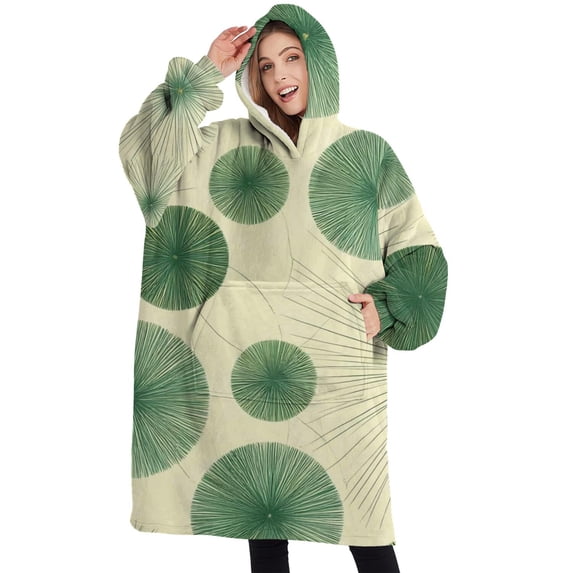 Oversized Wearable Blanket Hoodie,Green Tie Dye Fan Pattern Sherpa Blanket Hoodie with Super Pockets,Super Warm Fuzzy Pullover for Women & Men