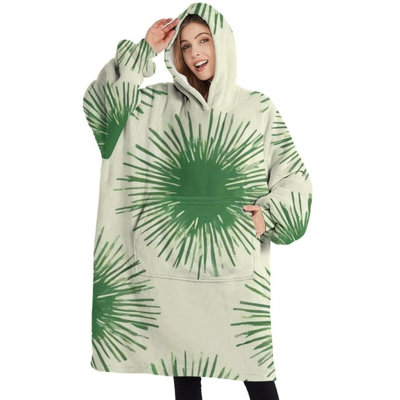 Oversized Wearable Blanket Hoodie,Green Tie Dye Spray Pattern Sherpa Blanket Hoodie with Super Pockets,Super Warm Fuzzy Pullover for Women & Men