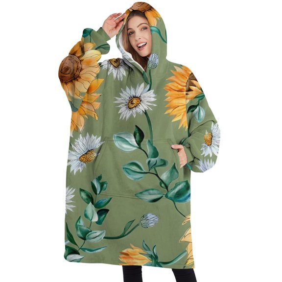 Oversized Wearable Blanket Hoodie,Green White Daisy Sunflower Pattern Sherpa Blanket Hoodie with Super Pockets,Super Warm Fuzzy Pullover for Women & Men