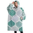 thumbnail image 1 of Oversized Wearable Blanket Hoodie,Green and White Geometric Quatrefoil Pattern Sherpa Blanket Hoodie with Super Pockets,Super Warm Fuzzy Pullover for Women & Men, 1 of 6