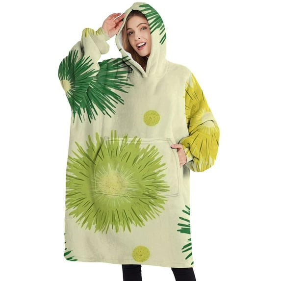 Oversized Wearable Blanket Hoodie,Green Yellow Dandelion Pattern Sherpa Blanket Hoodie with Super Pockets,Super Warm Fuzzy Pullover for Women & Men