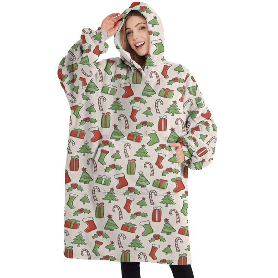 Oversized Wearable Blanket Hoodie,Green and Red Christmas Pattern Sherpa Blanket Hoodie with Super Pockets,Super Warm Fuzzy Pullover for Women & Men