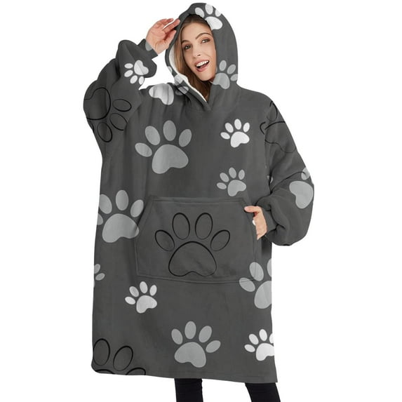 Oversized Wearable Blanket Hoodie,Grey Dog Paw Footprint Sherpa Blanket Hoodie with Super Pockets,Super Warm Fuzzy Pullover for Women & Men