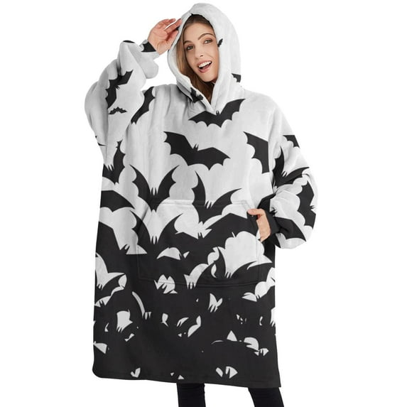 Oversized Wearable Blanket Hoodie,Halloween Bat Swarm Pattern Sherpa Blanket Hoodie with Super Pockets,Super Warm Fuzzy Pullover for Women & Men