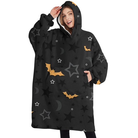 Oversized Wearable Blanket Hoodie,Halloween Bats and Stars Pattern Sherpa Blanket Hoodie with Super Pockets,Super Warm Fuzzy Pullover for Women & Men