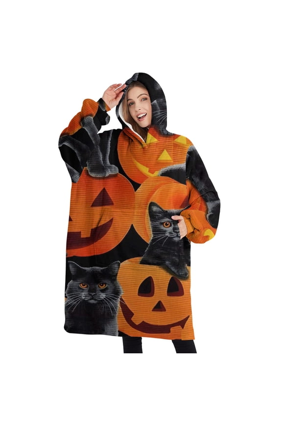 Oversized Wearable Blanket Hoodie,Halloween Black Cats and Pumpkins Pattern Sherpa Blanket Hoodie with Super Pockets,Super Warm Fuzzy Pullover for Women & Men