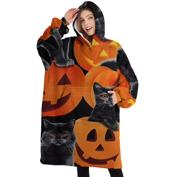 Oversized Wearable Blanket Hoodie,Halloween Black Cats and Pumpkins Pattern Sherpa Blanket Hoodie with Super Pockets,Super Warm Fuzzy Pullover for Women & Men