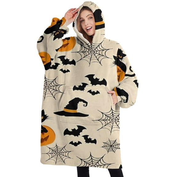 Oversized Wearable Blanket Hoodie,Halloween Black Cats and Pumpkins Sherpa Blanket Hoodie with Super Pockets,Super Warm Fuzzy Pullover for Women & Men