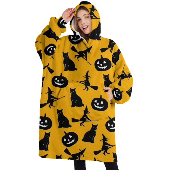 Oversized Wearable Blanket Hoodie,Halloween Black Cats Witches and Pumpkins Sherpa Blanket Hoodie with Super Pockets,Super Warm Fuzzy Pullover for Women & Men
