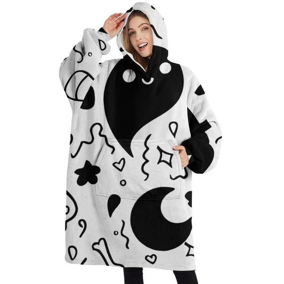 Oversized Wearable Blanket Hoodie,Halloween Black Doodle Elements Sherpa Blanket Hoodie with Super Pockets,Super Warm Fuzzy Pullover for Women & Men