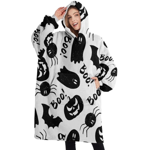Oversized Wearable Blanket Hoodie,Halloween Black Ghosts Bats and Pumpkins Sherpa Blanket Hoodie with Super Pockets,Super Warm Fuzzy Pullover for Women & Men
