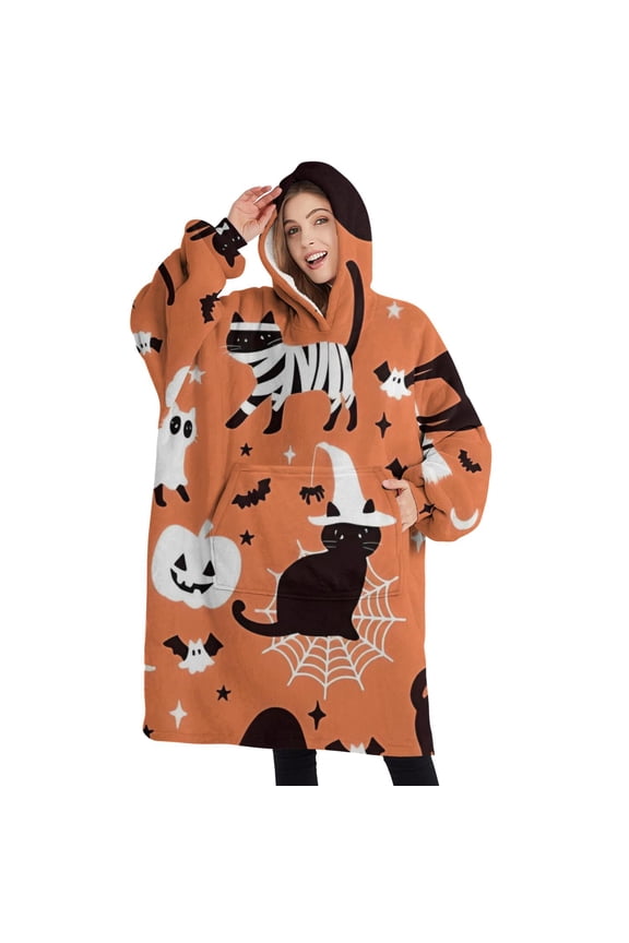 Oversized Wearable Blanket Hoodie,Halloween Cat Pattern Sherpa Blanket Hoodie with Super Pockets,Super Warm Fuzzy Pullover for Women & Men