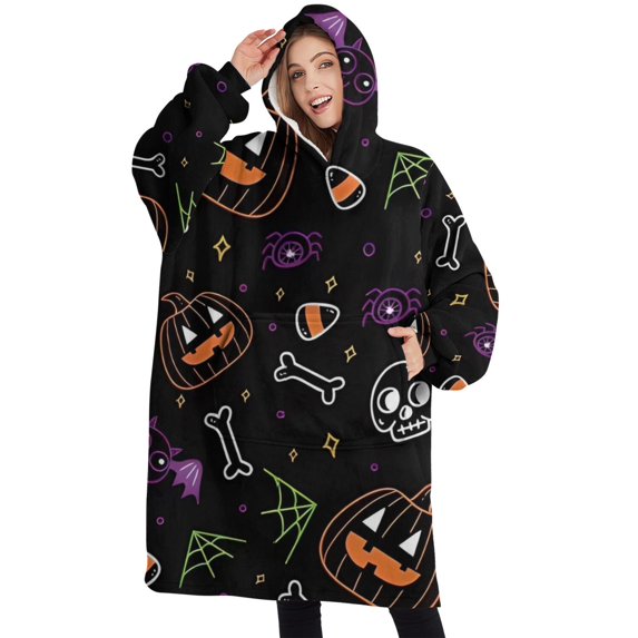 Oversized Wearable Blanket Hoodie,Halloween Colorful Spooky Elements Sherpa Blanket Hoodie with Super Pockets,Super Warm Fuzzy Pullover for Women & Men