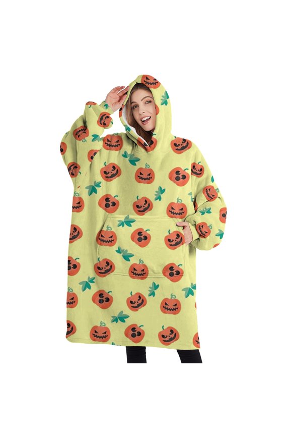 Oversized Wearable Blanket Hoodie,Halloween Cute Pumpkin Faces Sherpa Blanket Hoodie with Super Pockets,Super Warm Fuzzy Pullover for Women & Men
