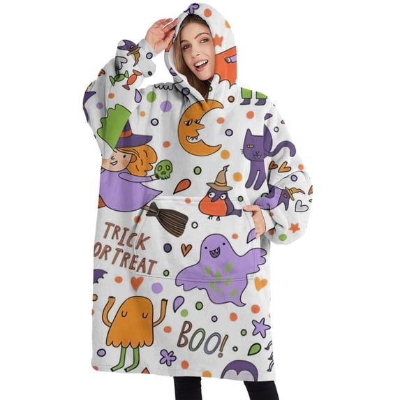 Oversized Wearable Blanket Hoodie,Halloween Cute Trick or Treat Characters Sherpa Blanket Hoodie with Super Pockets,Super Warm Fuzzy Pullover for Women & Men