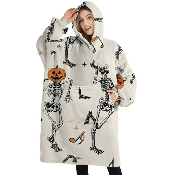 Oversized Wearable Blanket Hoodie,Halloween Dancing Skeletons Sherpa Blanket Hoodie with Super Pockets,Super Warm Fuzzy Pullover for Women & Men