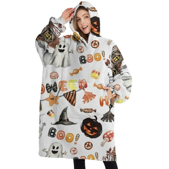 Oversized Wearable Blanket Hoodie,Halloween Decoration Pattern Sherpa Blanket Hoodie with Super Pockets,Super Warm Fuzzy Pullover for Women & Men