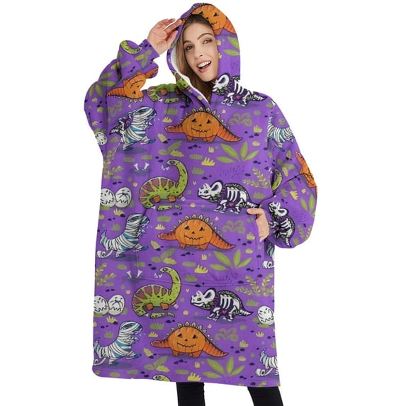 Oversized Wearable Blanket Hoodie,Halloween Dinosaur Themed Pattern Sherpa Blanket Hoodie with Super Pockets,Super Warm Fuzzy Pullover for Women & Men