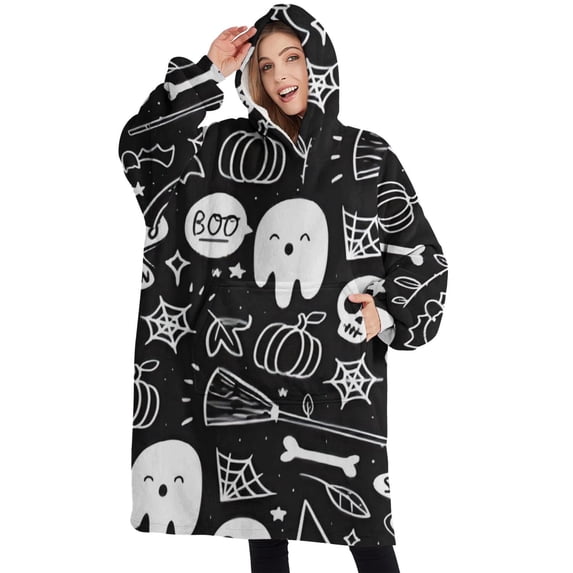 Oversized Wearable Blanket Hoodie,Halloween Doodle Elements Sherpa Blanket Hoodie with Super Pockets,Super Warm Fuzzy Pullover for Women & Men