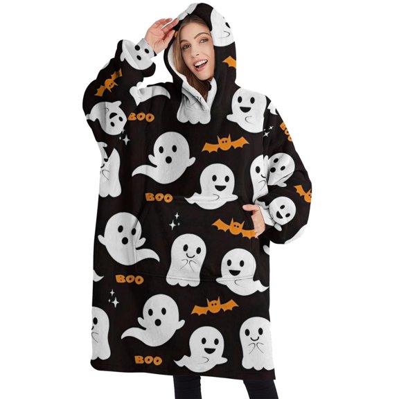 Oversized Wearable Blanket Hoodie,Halloween Ghost Bat Pattern Sherpa Blanket Hoodie with Super Pockets,Super Warm Fuzzy Pullover for Women & Men