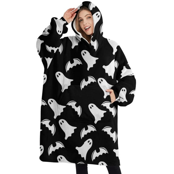 Oversized Wearable Blanket Hoodie,Halloween Ghost and Bat Silhouette Pattern Sherpa Blanket Hoodie with Super Pockets,Super Warm Fuzzy Pullover for Women & Men