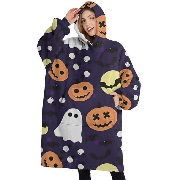 Oversized Wearable Blanket Hoodie,Halloween Ghost & Pumpkin Pattern Sherpa Blanket Hoodie with Super Pockets,Super Warm Fuzzy Pullover for Women & Men