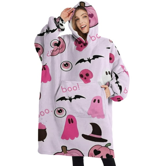Oversized Wearable Blanket Hoodie,Halloween Ghosts Pumpkins and Skulls Sherpa Blanket Hoodie with Super Pockets,Super Warm Fuzzy Pullover for Women & Men