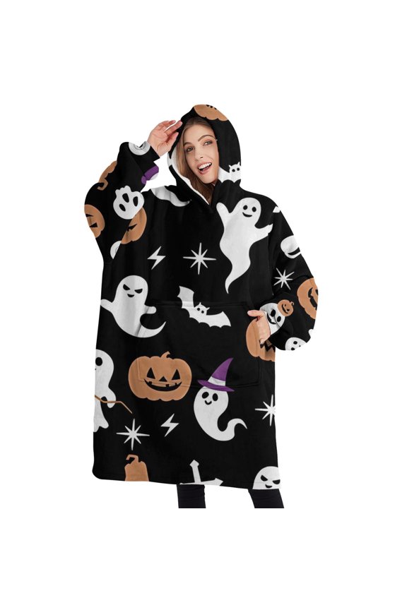 Oversized Wearable Blanket Hoodie,Halloween Ghosts Pumpkins and Spooky Icons Sherpa Blanket Hoodie with Super Pockets,Super Warm Fuzzy Pullover for Women & Men