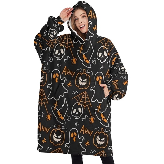 Oversized Wearable Blanket Hoodie,Halloween Ghosts and Spider Webs Sherpa Blanket Hoodie with Super Pockets,Super Warm Fuzzy Pullover for Women & Men
