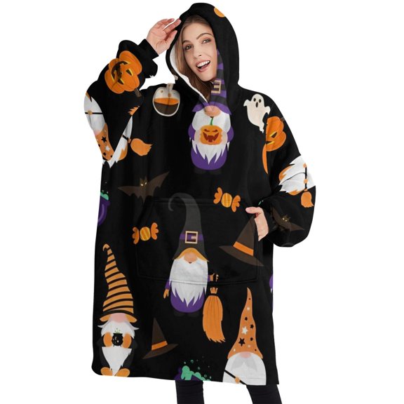 Oversized Wearable Blanket Hoodie,Halloween Gnome Pattern Sherpa Blanket Hoodie with Super Pockets,Super Warm Fuzzy Pullover for Women & Men
