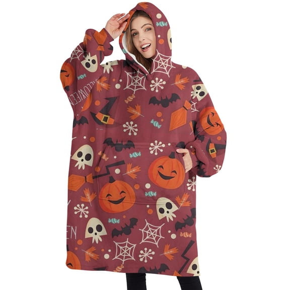 Oversized Wearable Blanket Hoodie,Halloween Happy Halloween Icons Sherpa Blanket Hoodie with Super Pockets,Super Warm Fuzzy Pullover for Women & Men