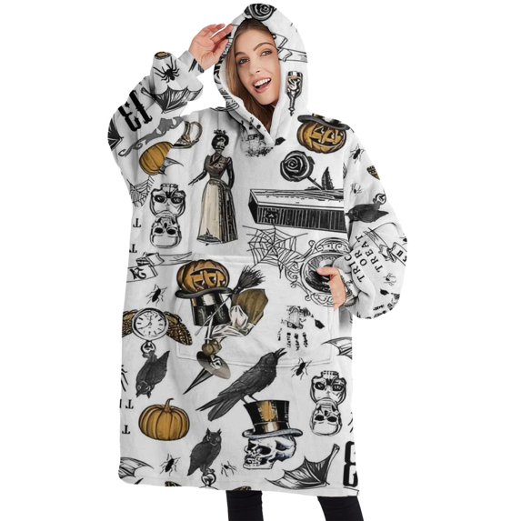 Oversized Wearable Blanket Hoodie,Halloween Pattern Sherpa Blanket Hoodie with Super Pockets,Super Warm Fuzzy Pullover for Women & Men