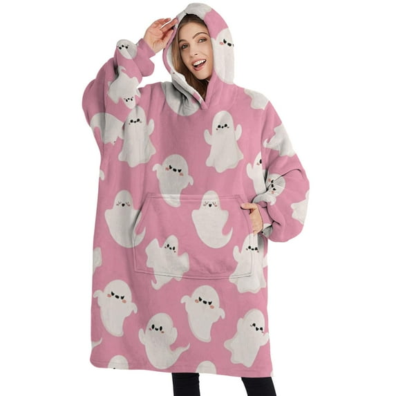 Oversized Wearable Blanket Hoodie,Halloween Pink Ghosts Pattern Sherpa Blanket Hoodie with Super Pockets,Super Warm Fuzzy Pullover for Women & Men