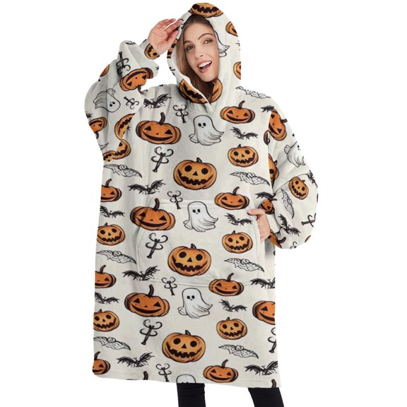 Oversized Wearable Blanket Hoodie,Halloween Pumpkins Ghosts and Bats Sherpa Blanket Hoodie with Super Pockets,Super Warm Fuzzy Pullover for Women & Men