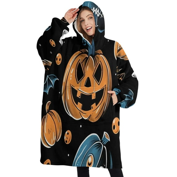 Oversized Wearable Blanket Hoodie,Halloween Pumpkins Skulls Bats and Eyeballs Sherpa Blanket Hoodie with Super Pockets,Super Warm Fuzzy Pullover for Women & Men