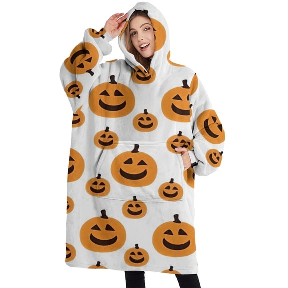 Oversized Wearable Blanket Hoodie,Halloween Simple Pumpkin Pattern Sherpa Blanket Hoodie with Super Pockets,Super Warm Fuzzy Pullover for Women & Men