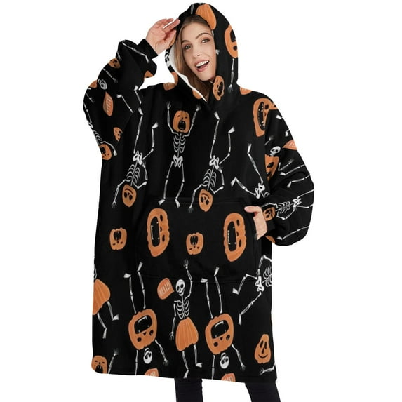 Oversized Wearable Blanket Hoodie,Halloween Skeletons and Pumpkins Sherpa Blanket Hoodie with Super Pockets,Super Warm Fuzzy Pullover for Women & Men