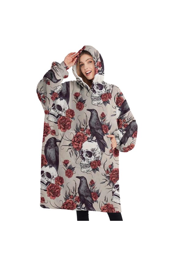 Oversized Wearable Blanket Hoodie,Halloween Skulls Ravens and Roses Sherpa Blanket Hoodie with Super Pockets,Super Warm Fuzzy Pullover for Women & Men