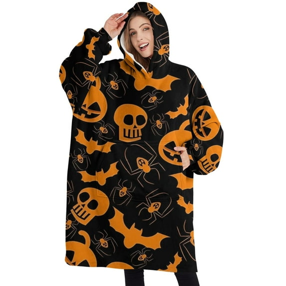 Oversized Wearable Blanket Hoodie,Halloween Spider Bat Pattern Sherpa Blanket Hoodie with Super Pockets,Super Warm Fuzzy Pullover for Women & Men
