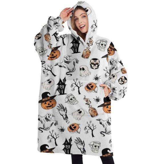 Oversized Wearable Blanket Hoodie,Halloween Spooky Icons Pattern Sherpa Blanket Hoodie with Super Pockets,Super Warm Fuzzy Pullover for Women & Men