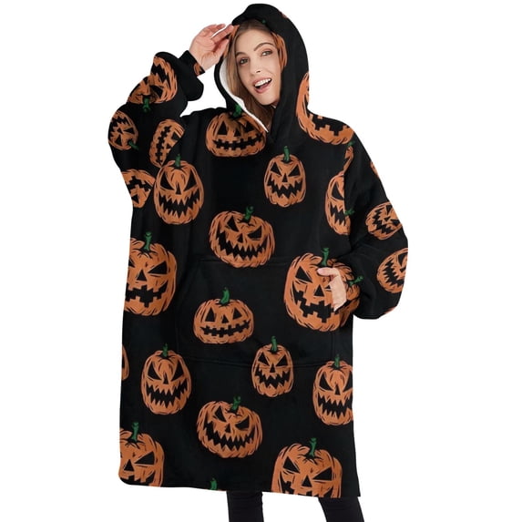 Oversized Wearable Blanket Hoodie,Halloween Spooky Pumpkins Pattern Sherpa Blanket Hoodie with Super Pockets,Super Warm Fuzzy Pullover for Women & Men