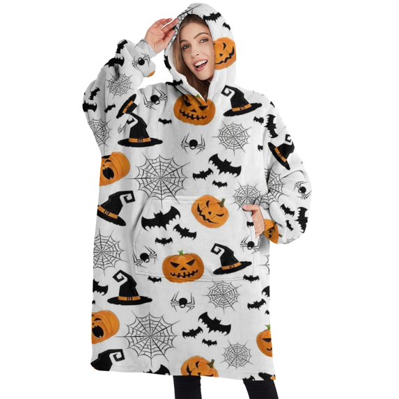 Oversized Wearable Blanket Hoodie,Halloween Witch Hats Pumpkins and Spider Webs Sherpa Blanket Hoodie with Super Pockets,Super Warm Fuzzy Pullover for Women & Men
