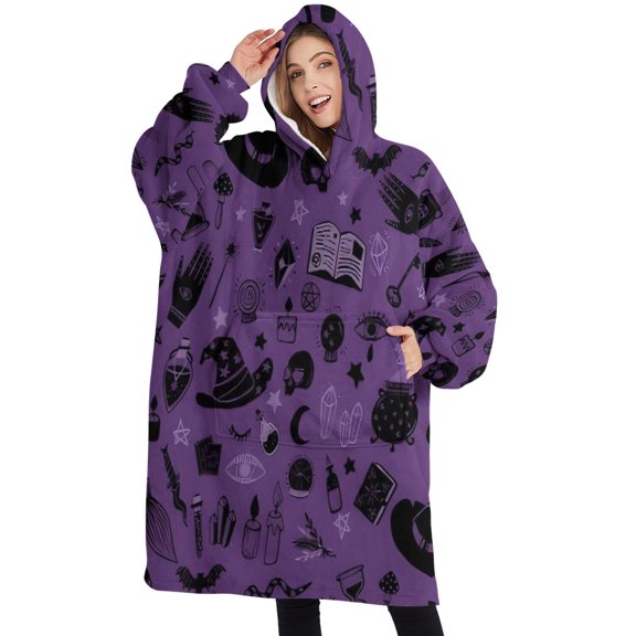 Oversized Wearable Blanket Hoodie,Halloween Witchy Elements Pattern Sherpa Blanket Hoodie with Super Pockets,Super Warm Fuzzy Pullover for Women & Men