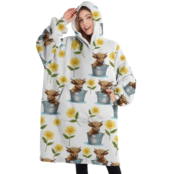 Oversized Wearable Blanket Hoodie,Highland Cow Bucket Flower Pattern Sherpa Blanket Hoodie with Super Pockets,Super Warm Fuzzy Pullover for Women & Men