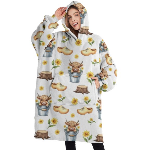 Oversized Wearable Blanket Hoodie,Highland Cow Bucket Flower Shoe Pattern Sherpa Blanket Hoodie with Super Pockets,Super Warm Fuzzy Pullover for Women & Men