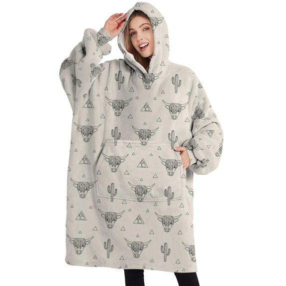 Oversized Wearable Blanket Hoodie,Highland Cow Cactus Triangle Pattern Sherpa Blanket Hoodie with Super Pockets,Super Warm Fuzzy Pullover for Women & Men